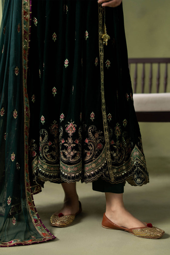 Green Velvet Embroidered Angrakha Suit – 3 Piece