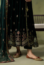 Load image into Gallery viewer, Green Velvet Embroidered Angrakha Suit – 3 Piece