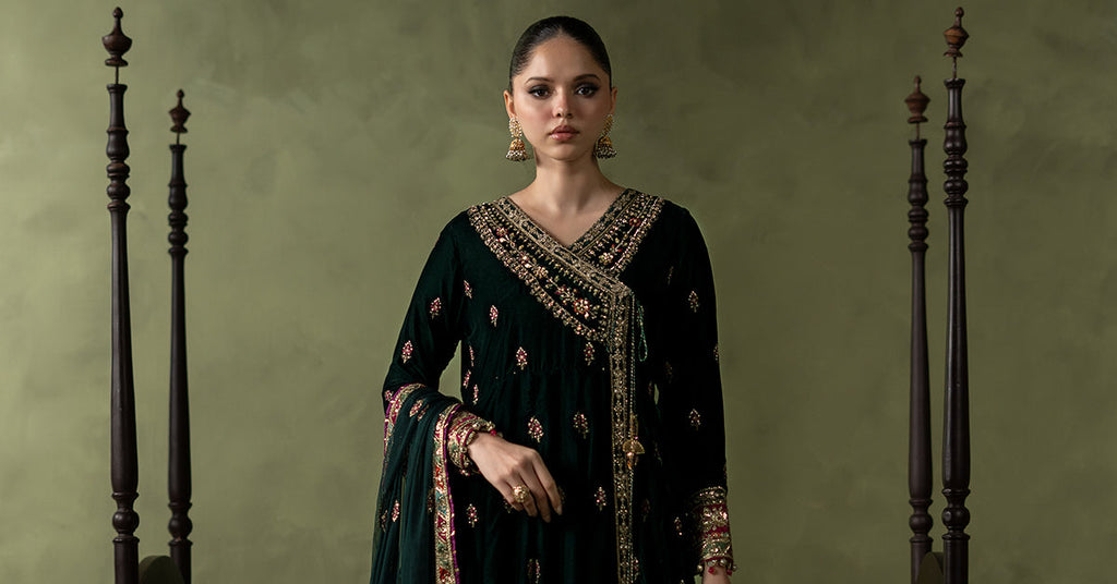 Green Velvet Embroidered Angrakha Suit – 3 Piece