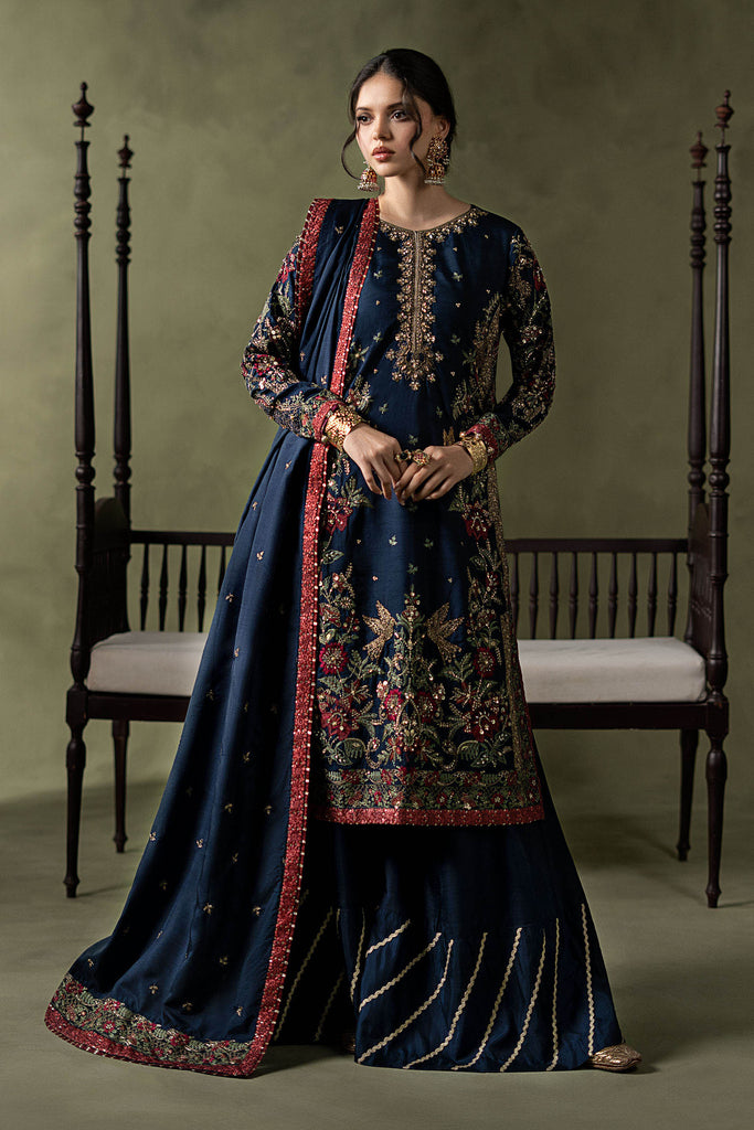 Dark Blue Embellished Raw Silk Suit – 3 Piece