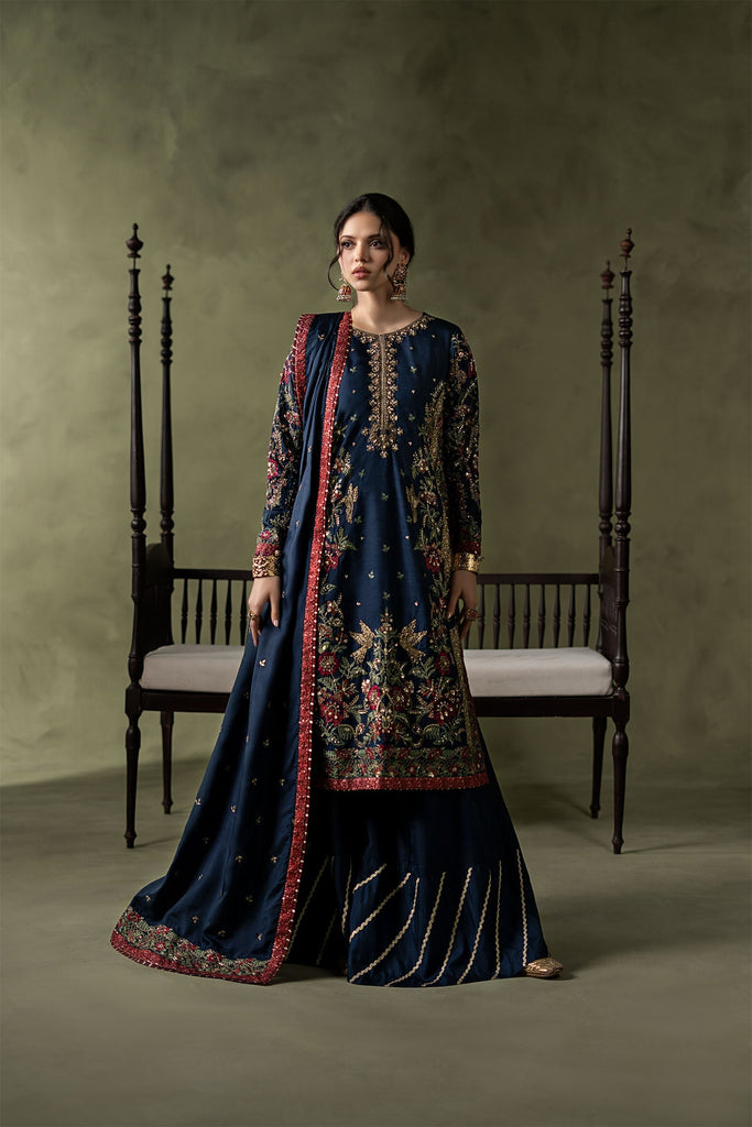 Dark Blue Embellished Raw Silk Suit – 3 Piece