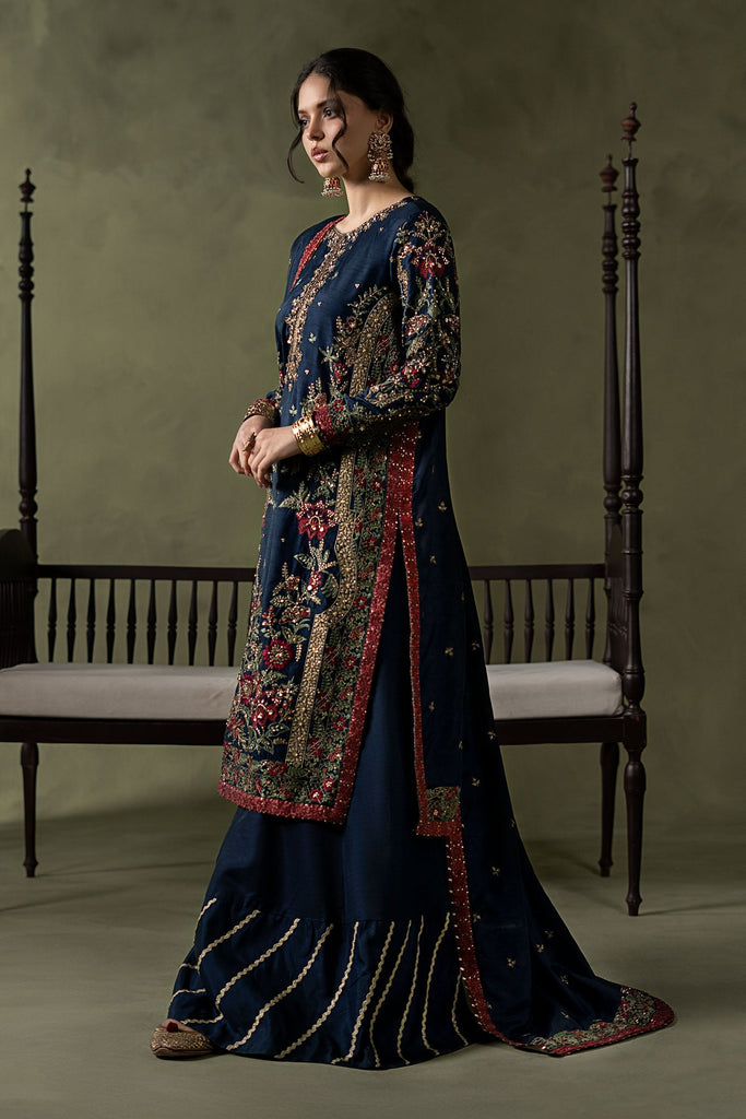 Dark Blue Embellished Raw Silk Suit – 3 Piece