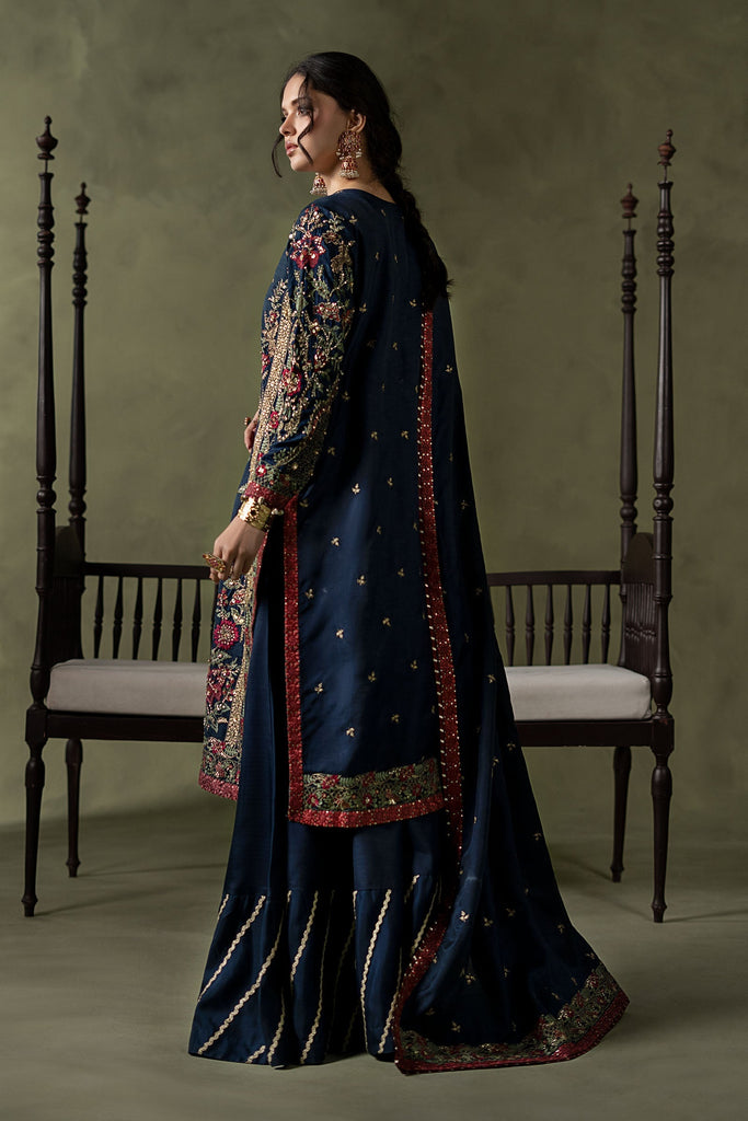 Dark Blue Embellished Raw Silk Suit – 3 Piece