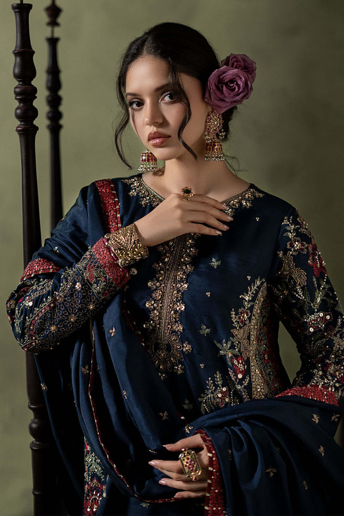 Dark Blue Embellished Raw Silk Suit – 3 Piece