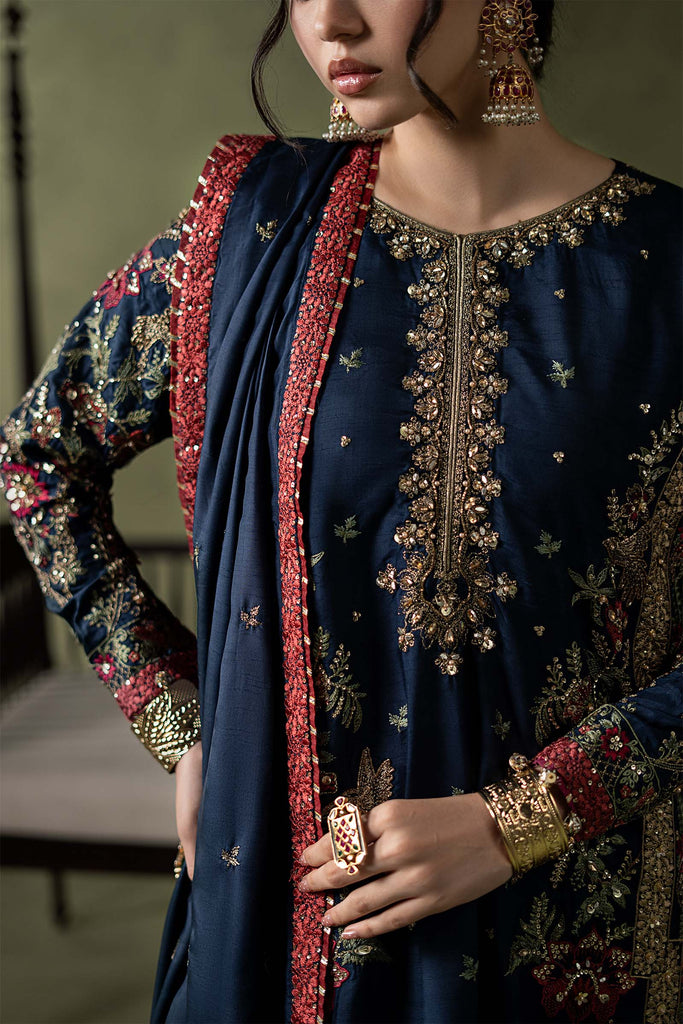 Dark Blue Embellished Raw Silk Suit – 3 Piece
