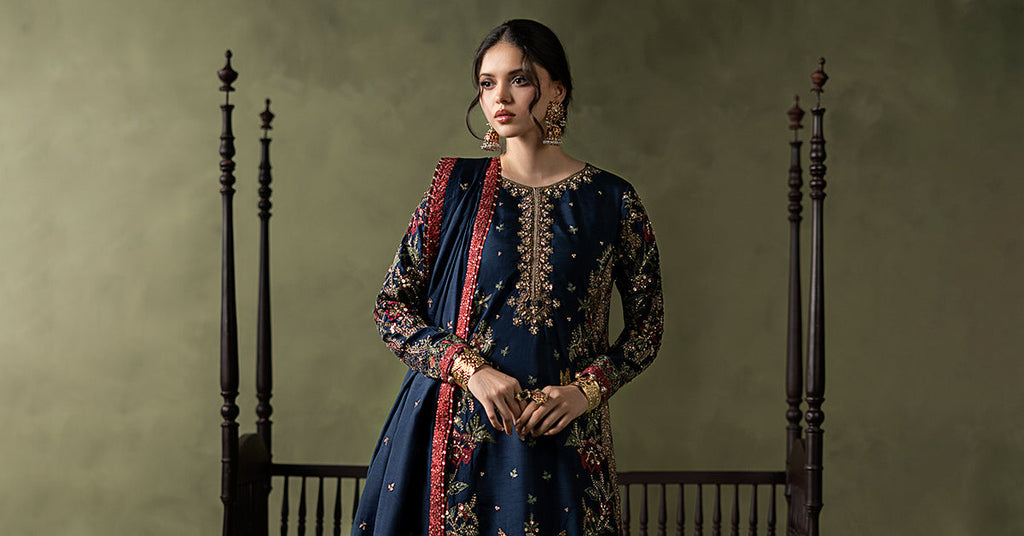 Dark Blue Embellished Raw Silk Suit – 3 Piece