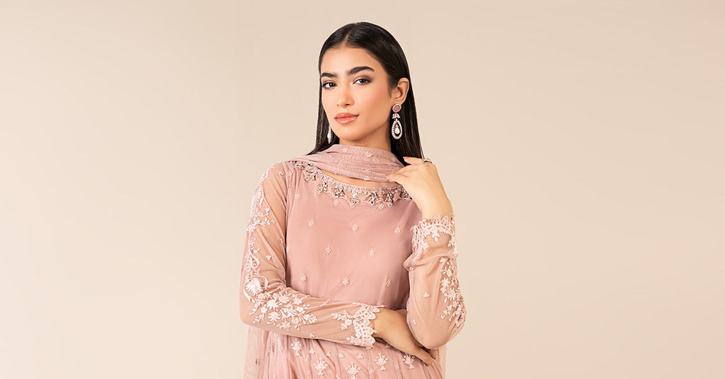 Pink 3 Piece Embroidered Net Suit