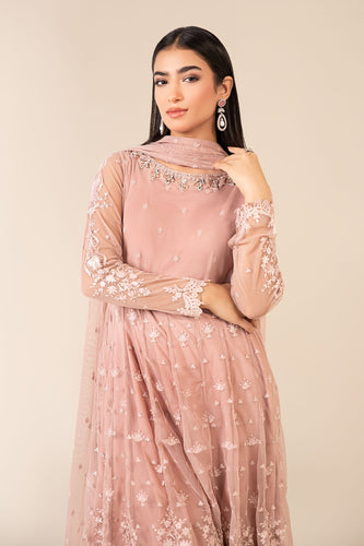 Pink 3 Piece Embroidered Net Suit