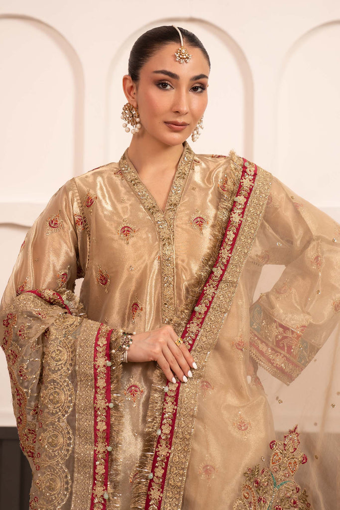 Embroidered Tissue 3 Piece Suit - Golden