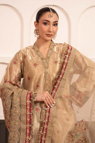 Embroidered Tissue 3 Piece Suit - Golden