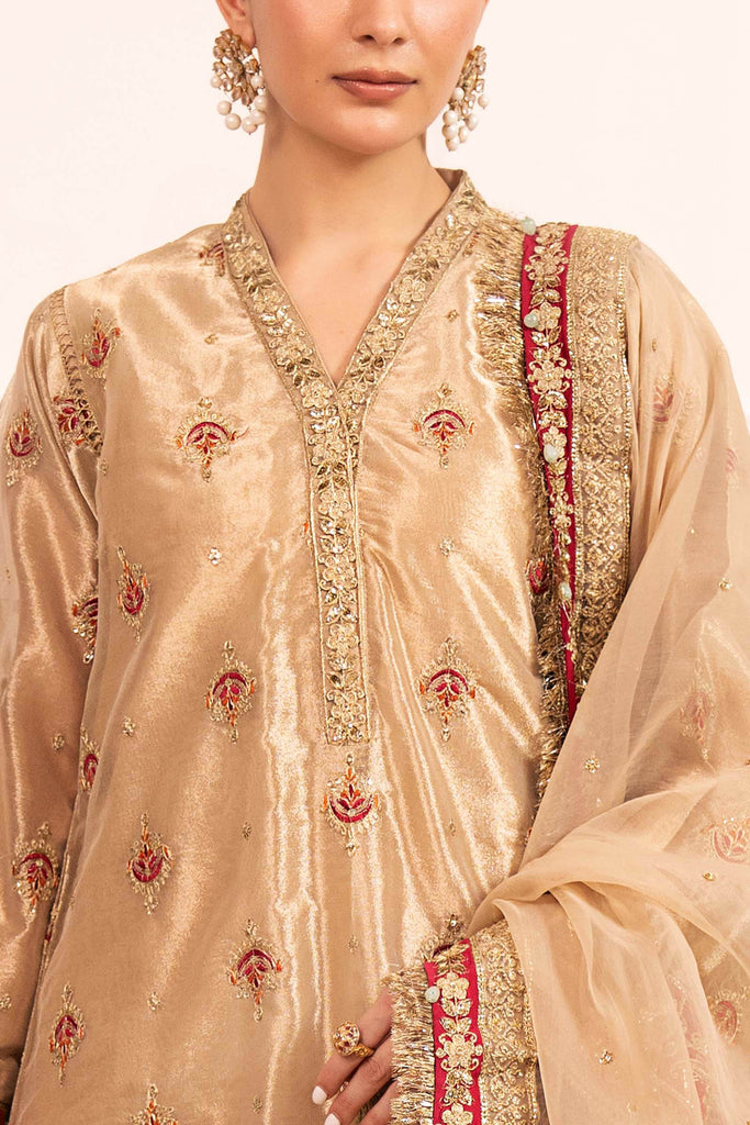 Embroidered Tissue 3 Piece Suit - Golden