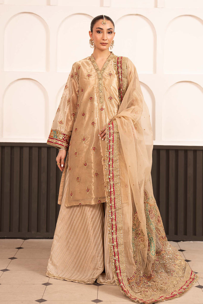 Embroidered Tissue 3 Piece Suit - Golden