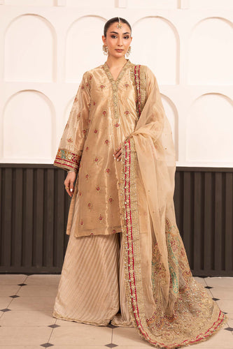 Embroidered Tissue 3 Piece Suit - Golden