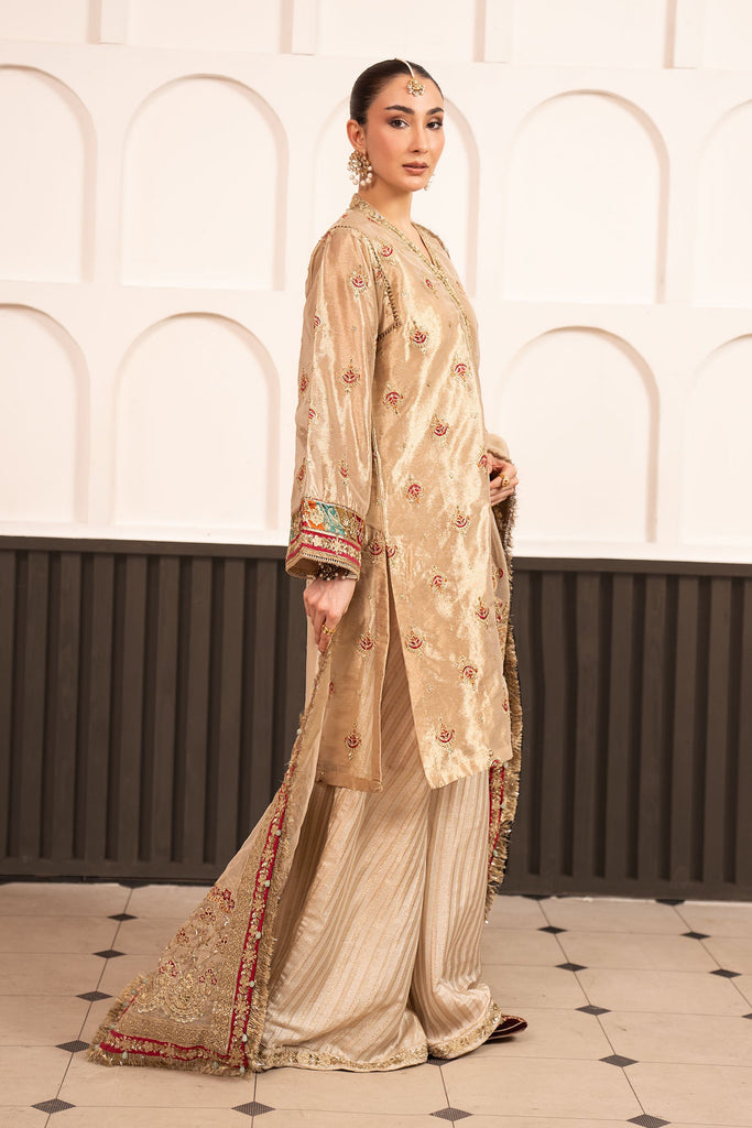 Embroidered Tissue 3 Piece Suit - Golden