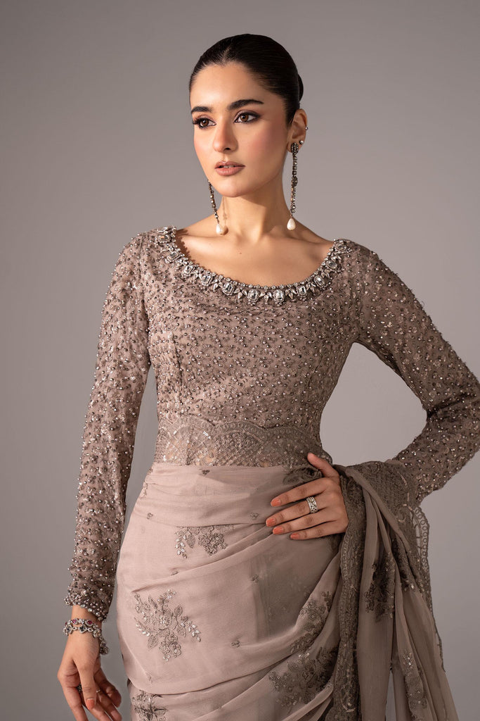 Embroidered Chiffon Saree with Blouse and Petticoat – Grey
