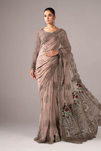 Embroidered Chiffon Saree with Blouse and Petticoat – Grey
