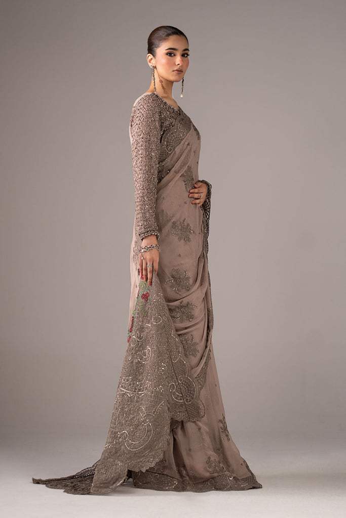 Embroidered Chiffon Saree with Blouse and Petticoat – Grey