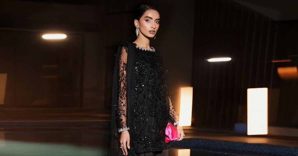 Maria.B 3 Piece Embroidered Net Suit in Black