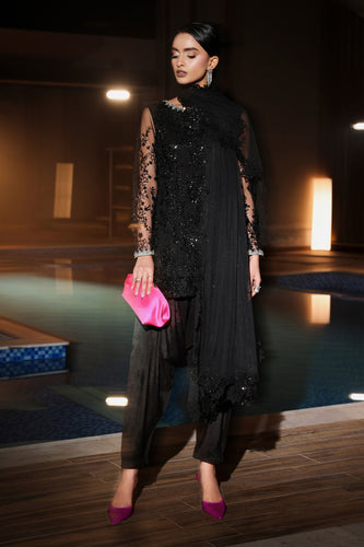 Maria.B 3 Piece Embroidered Net Suit in Black