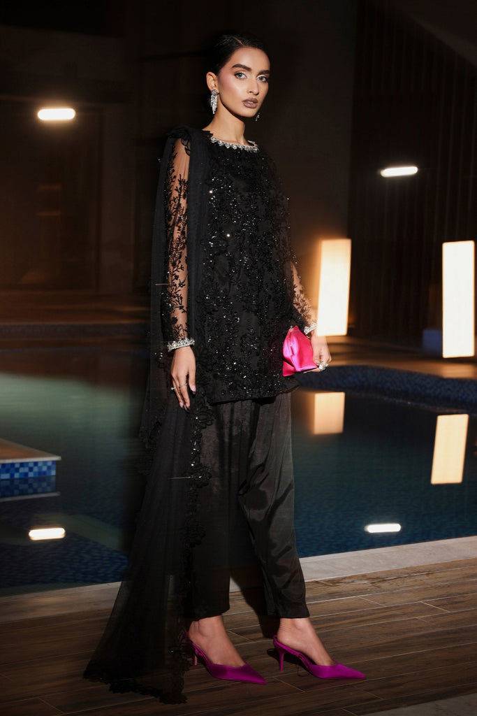 Maria.B 3 Piece Embroidered Net Suit in Black