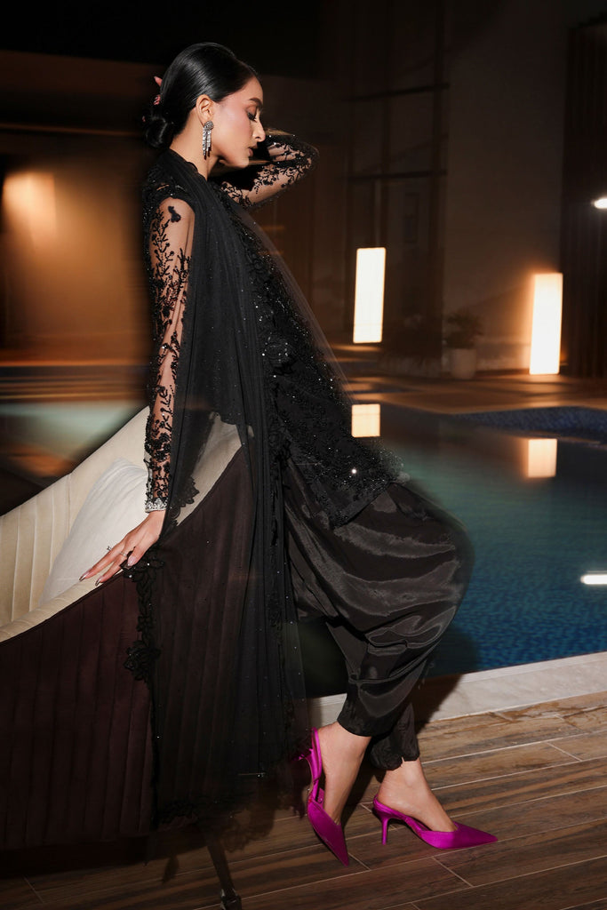 Maria.B 3 Piece Embroidered Net Suit in Black