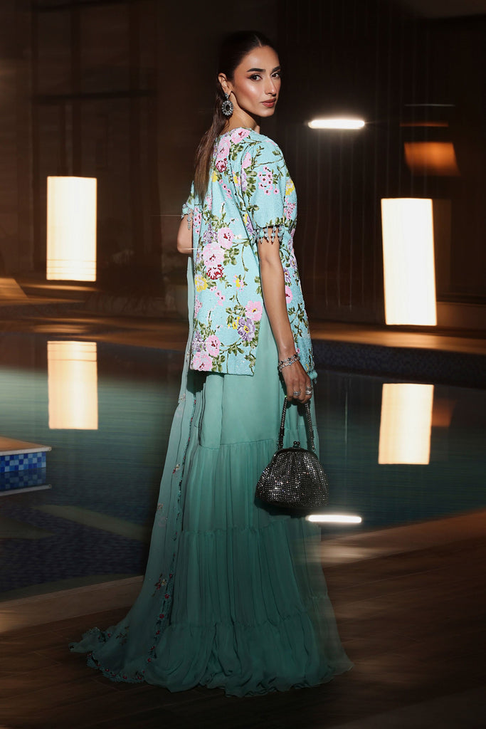 3 Piece Embroidered Net Suit in Ferozi