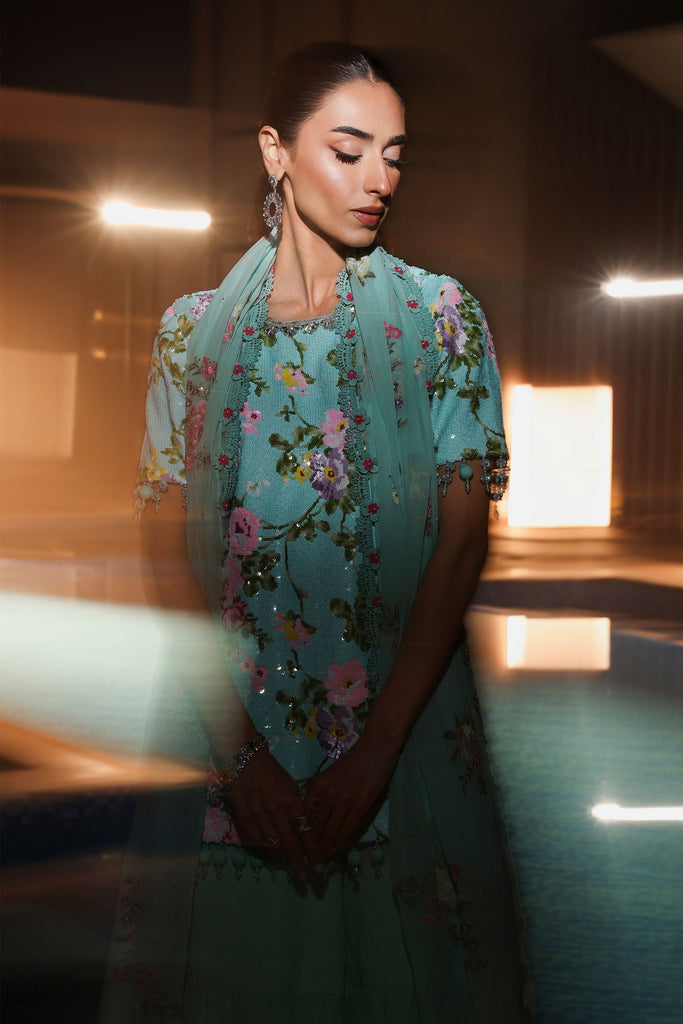 3 Piece Embroidered Net Suit in Ferozi