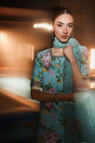 3 Piece Embroidered Net Suit in Ferozi