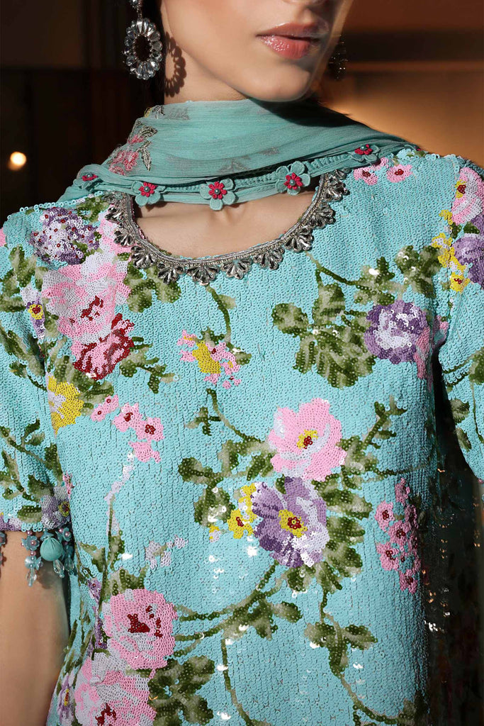 3 Piece Embroidered Net Suit in Ferozi