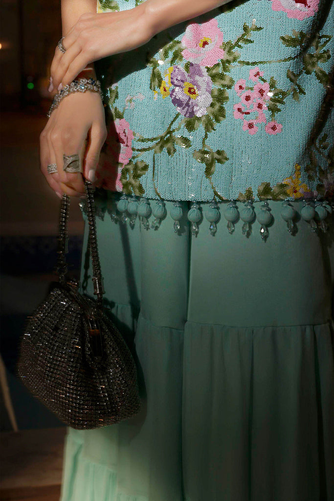3 Piece Embroidered Net Suit in Ferozi