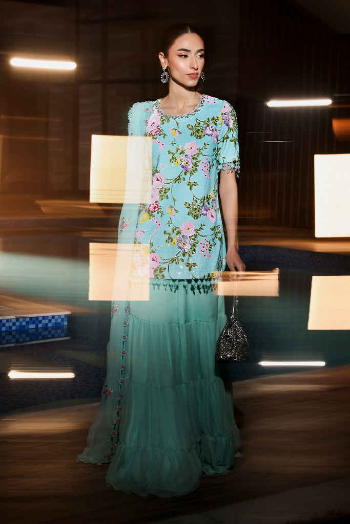 3 Piece Embroidered Net Suit in Ferozi