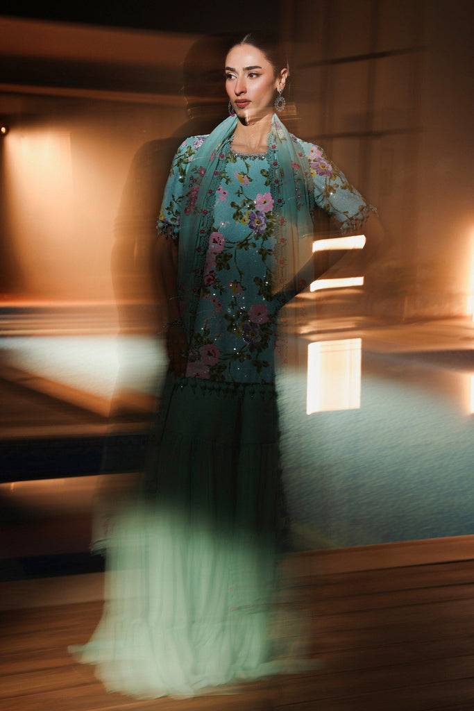 3 Piece Embroidered Net Suit in Ferozi