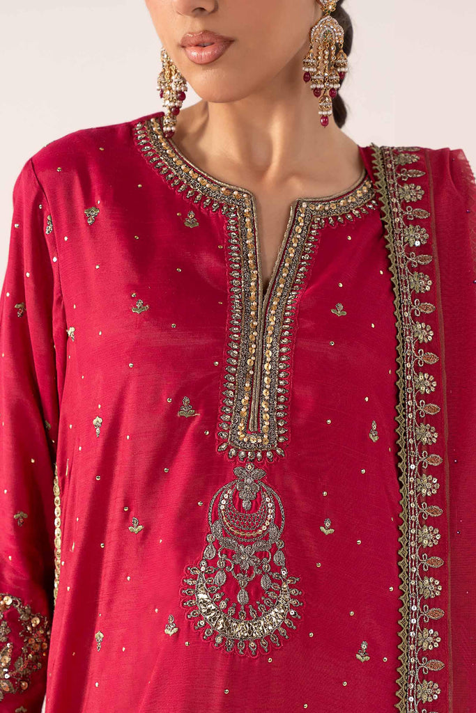 3 Piece Embroidered Raw Silk Suit for Women – Pink