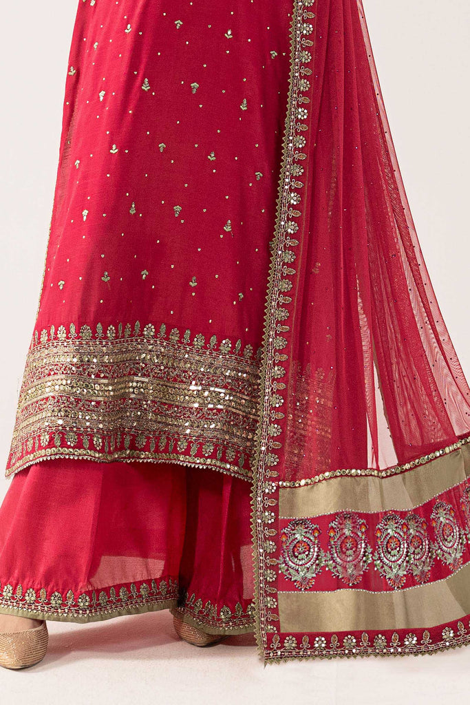 3 Piece Embroidered Raw Silk Suit for Women – Pink