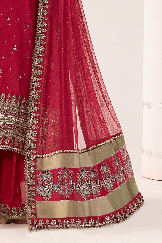 3 Piece Embroidered Raw Silk Suit for Women – Pink