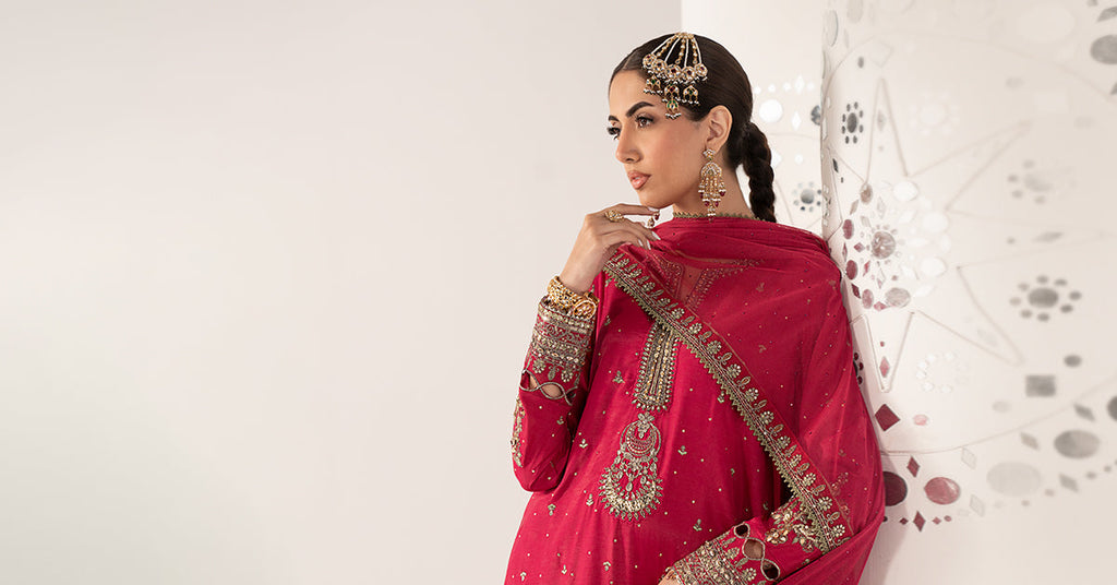 3 Piece Embroidered Raw Silk Suit for Women – Pink