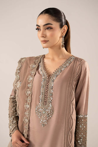 3 Piece Embroidered Raw Silk Suit for Women – Coffee Brown