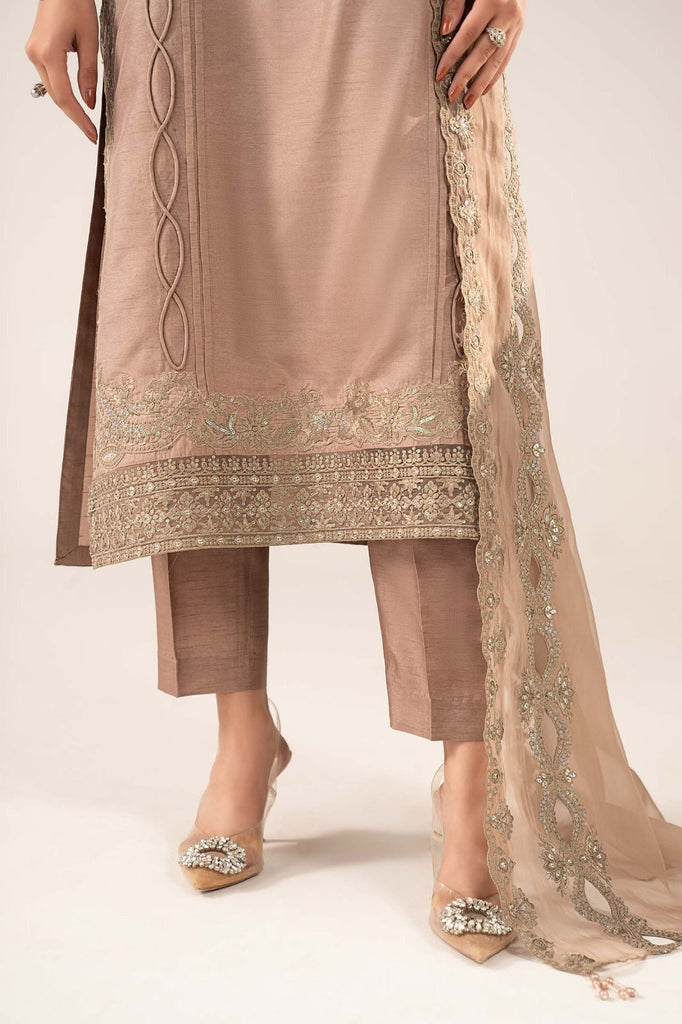 3 Piece Embroidered Raw Silk Suit for Women – Coffee Brown