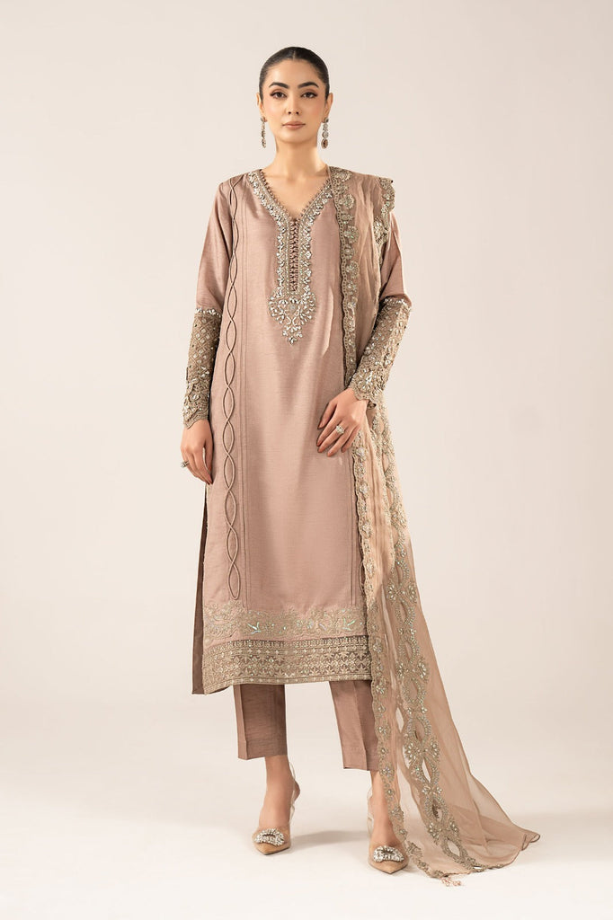 3 Piece Embroidered Raw Silk Suit for Women – Coffee Brown