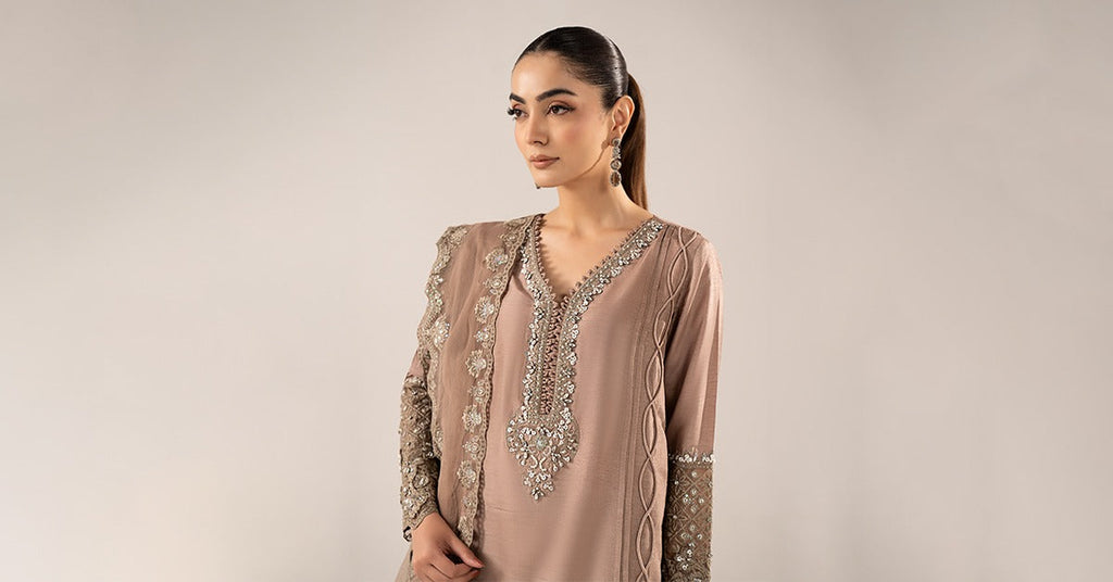3 Piece Embroidered Raw Silk Suit for Women – Coffee Brown