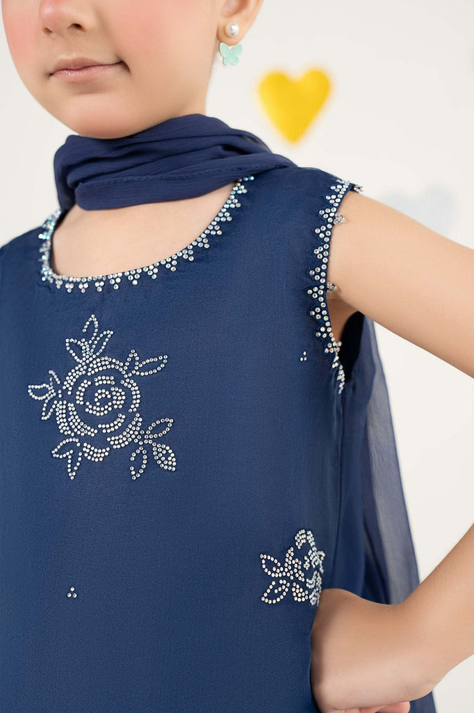 3 Piece Embroidered Organza Suit for Girls in Blue