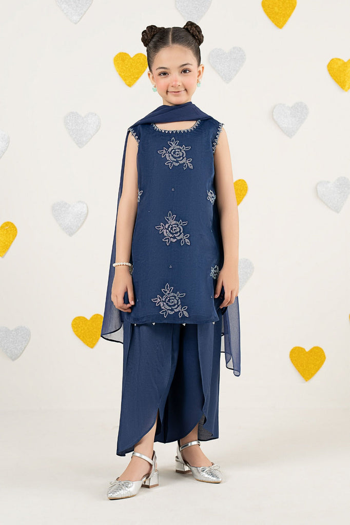 3 Piece Embroidered Organza Suit for Girls in Blue