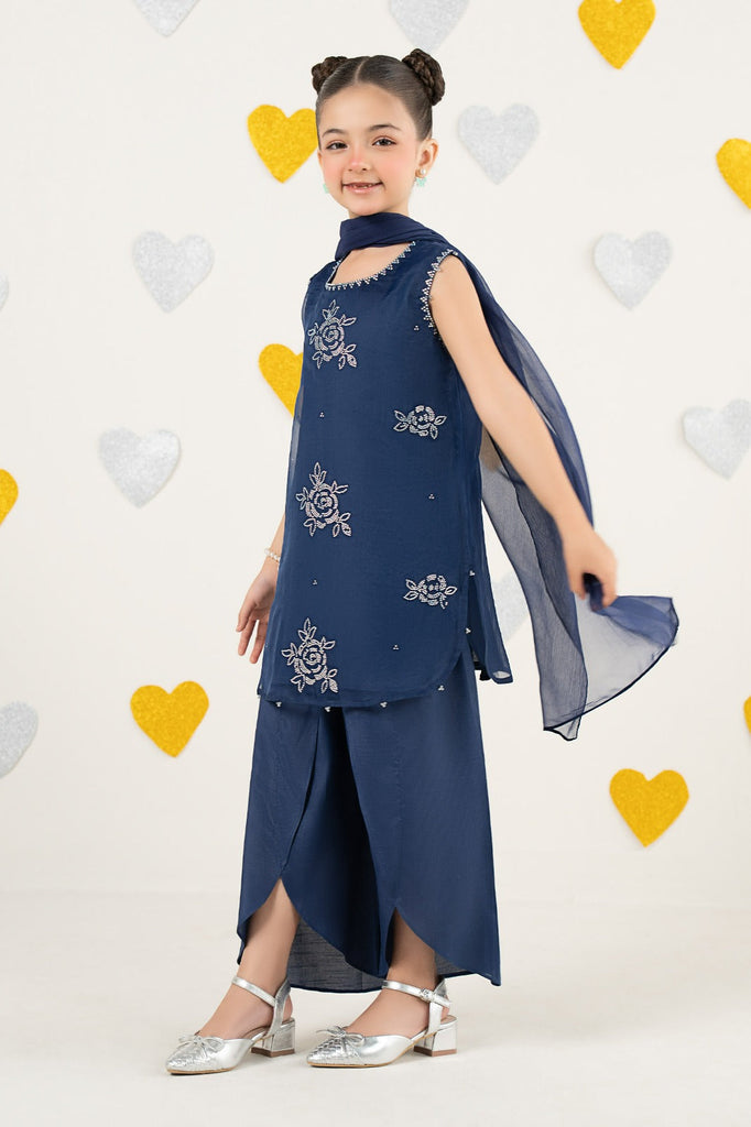 3 Piece Embroidered Organza Suit for Girls in Blue