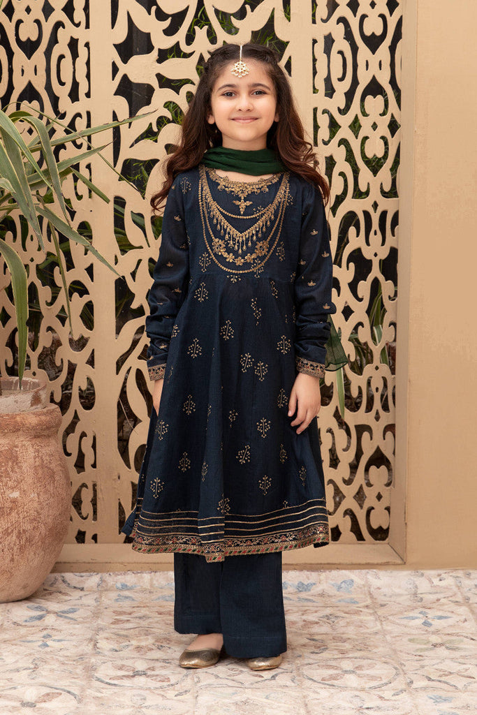 Kids 2 Piece Dobby Lawn Long Frock Suit - Blue