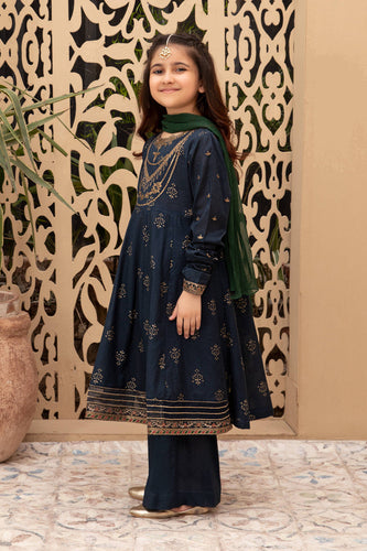 Kids 2 Piece Dobby Lawn Long Frock Suit - Blue